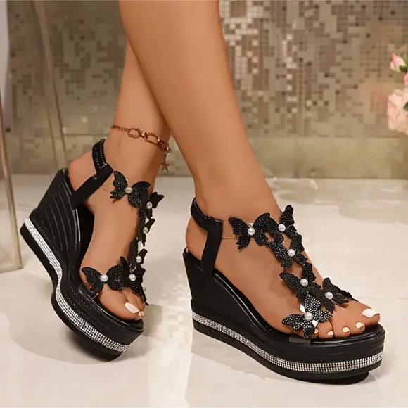 Black Butterfly Embellished Sandals - Picture 1 of 3